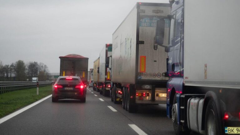 Ciężarówki na terminalu granicznym w Dover wjeżdżające do Wielkiej Brytanii z numer EORI