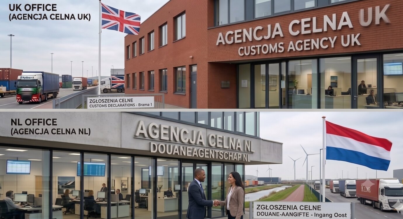 Urzędnik holenderskiej Agencji Celnej (Douane NL) w mundurze i odblaskowej kamizelce, trzymający tablet i dokumenty przed kontenerami i statkiem w porcie.