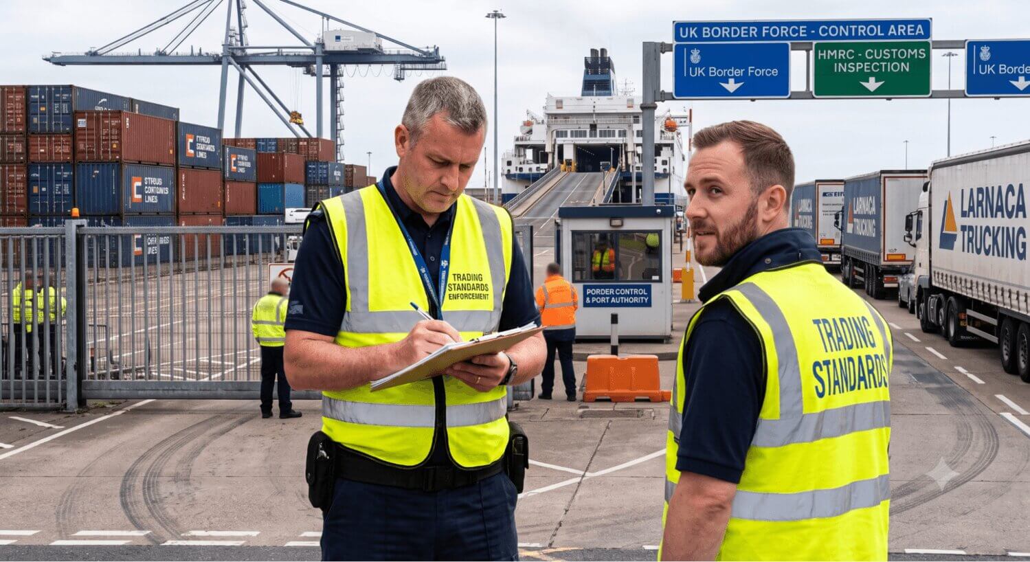 Inspektorzy Trading Standards sprawdzający dokumenty transportowe w terminalu portowym przed strefą UK Border Force.